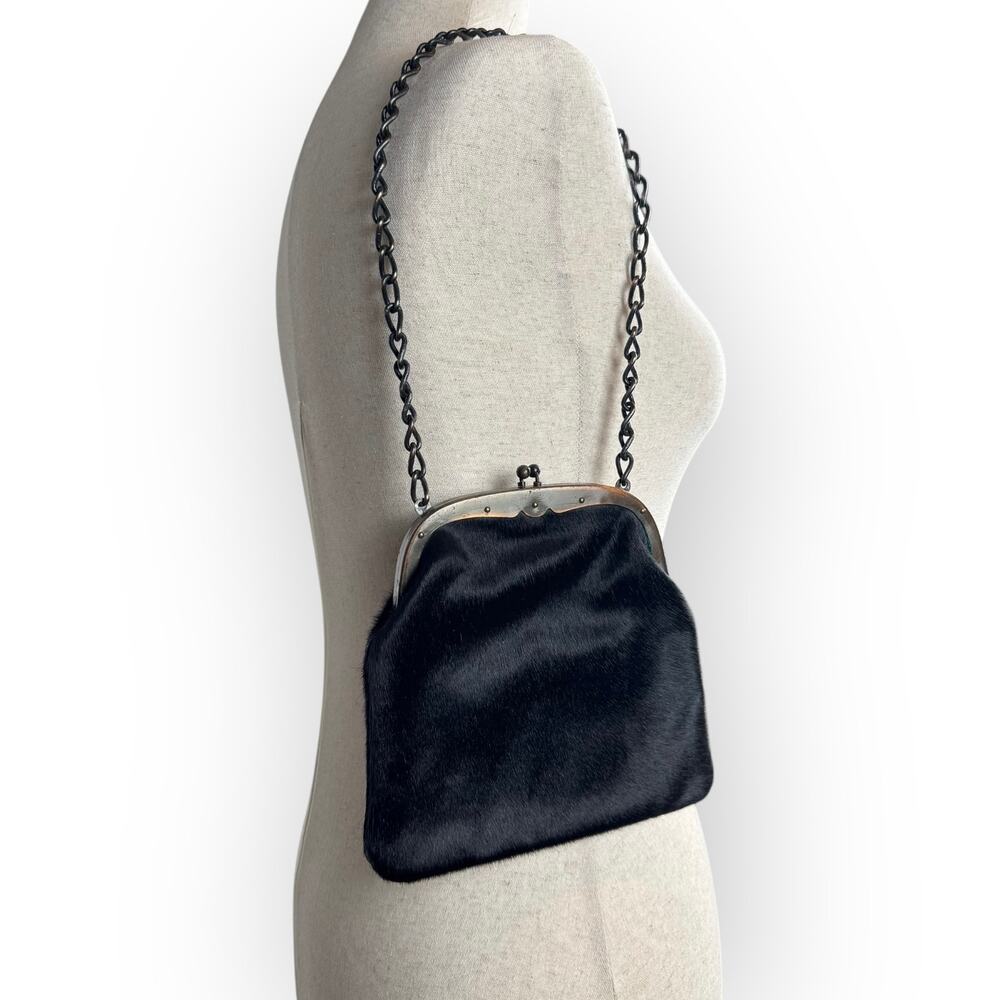 Vintage Black Hair Shoulder Bag w/ Kiss Lock Chain Strap
